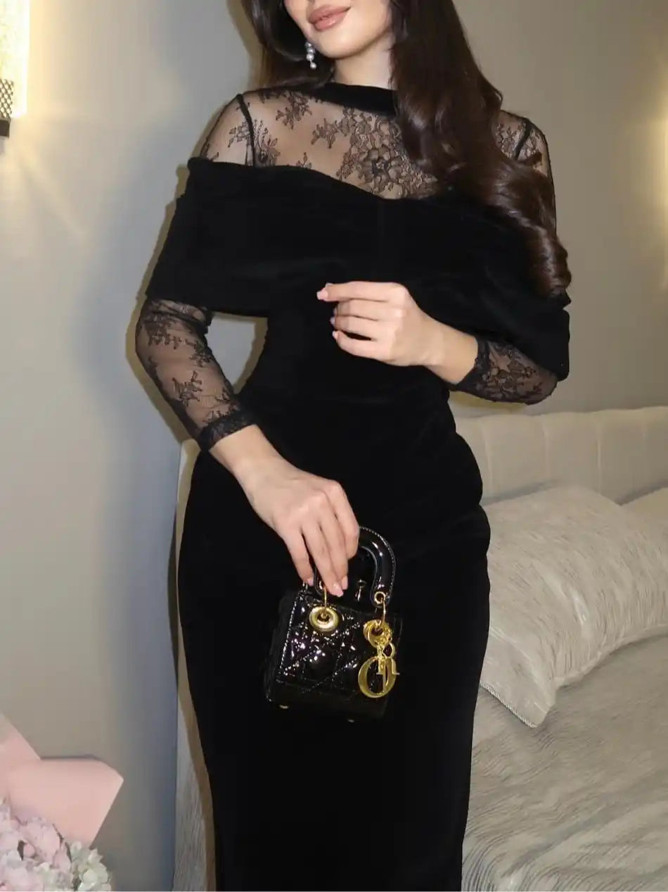 Black Velvet Lace-trimmed Fitted Maxi Dress