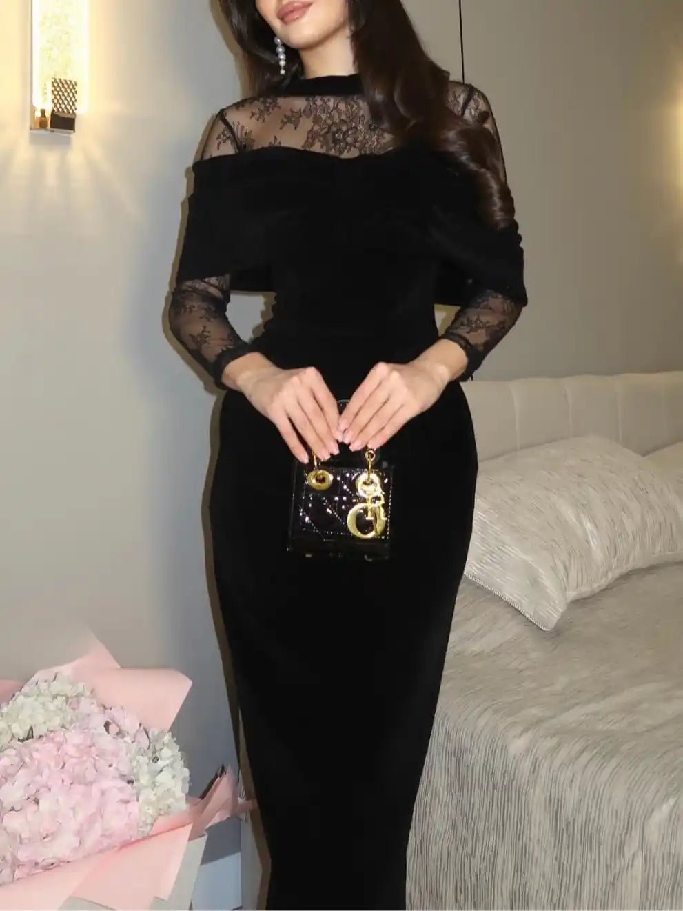 Black Velvet Lace - trimmed Fitted Maxi Dress - MUSSRA