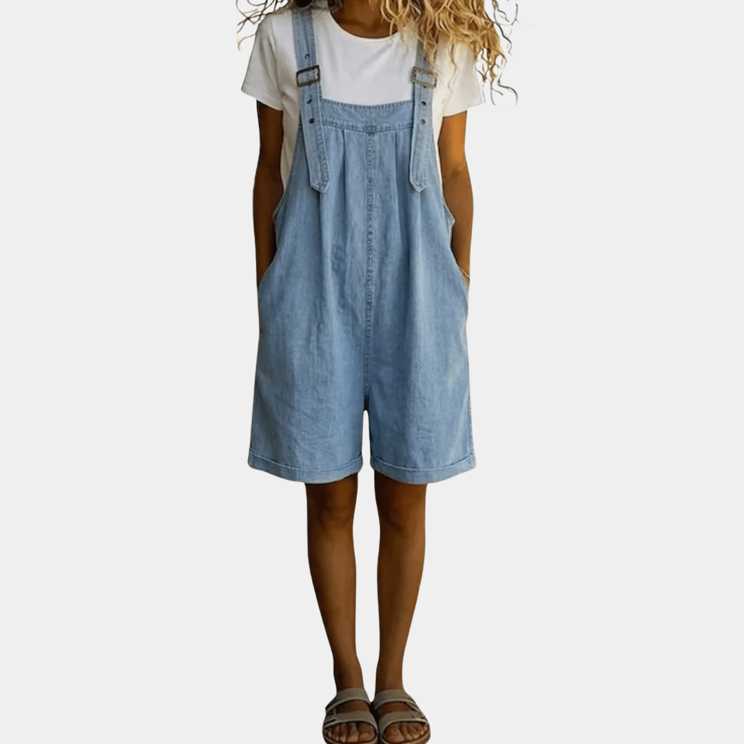 Clara | Vintage Washed Soft Cotton Feel Denim Short Overall Light blue - MUSSRA