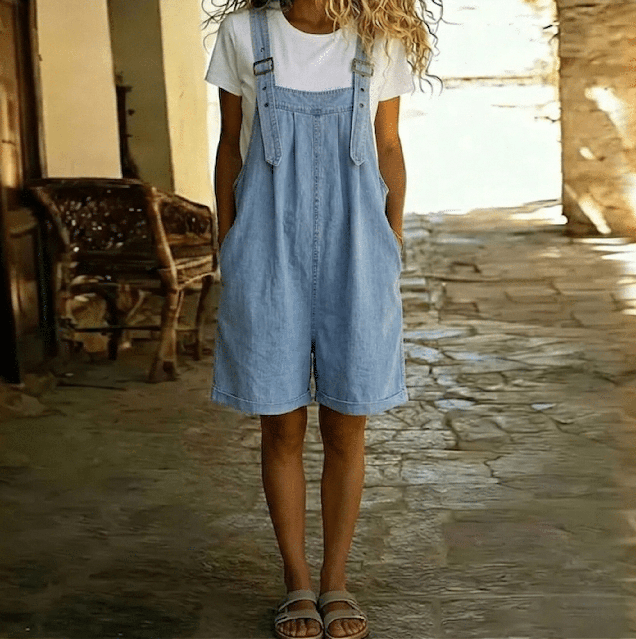 Clara | Vintage Washed Soft Cotton Feel Denim Short Overall Light blue - MUSSRA
