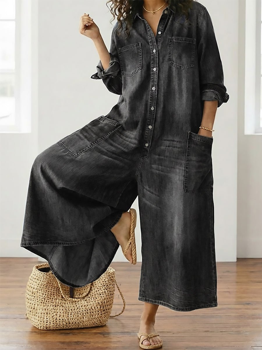 Diana | Vintage Washed Soft Cotton Denim Jumpsuit with Button Closure - MUSSRA