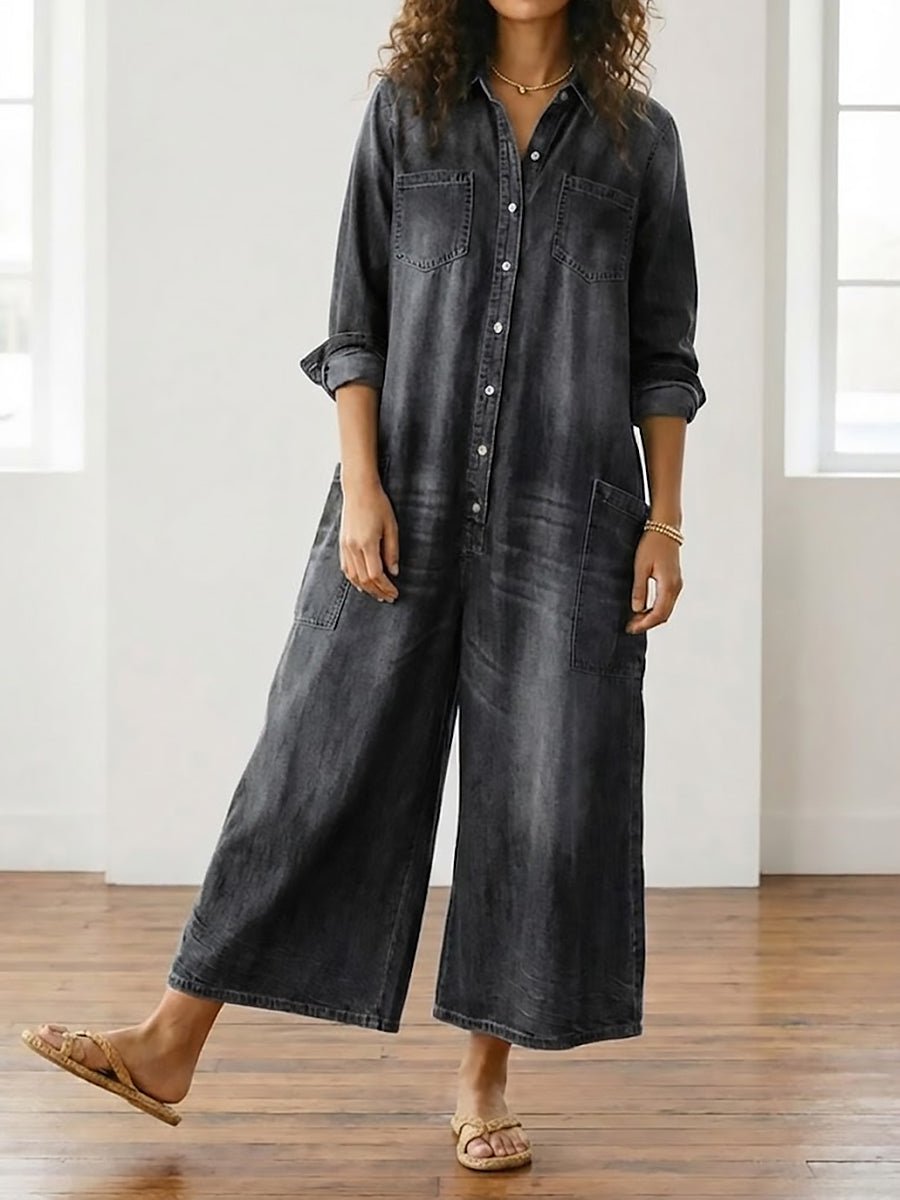 Diana | Vintage Washed Soft Cotton Denim Jumpsuit with Button Closure - MUSSRA