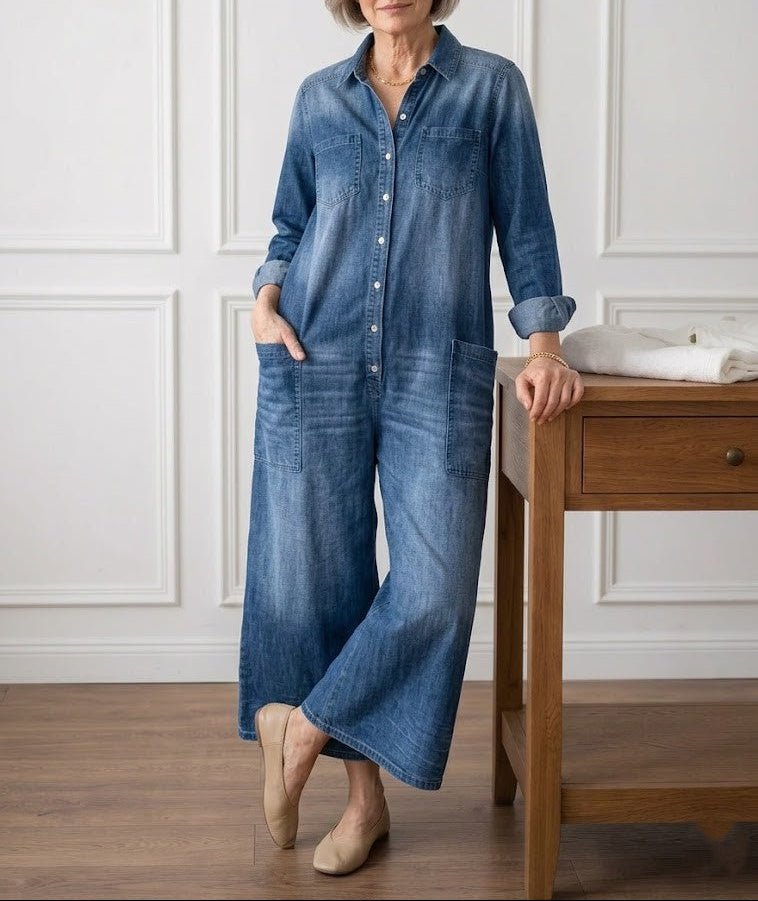 Diana | Vintage Washed Soft Cotton Denim Jumpsuit with Button Closure - MUSSRA