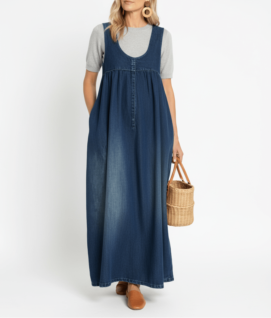 Karen | Vintage Washed Soft Cotton Feel Denim Maxi Dress - MUSSRA