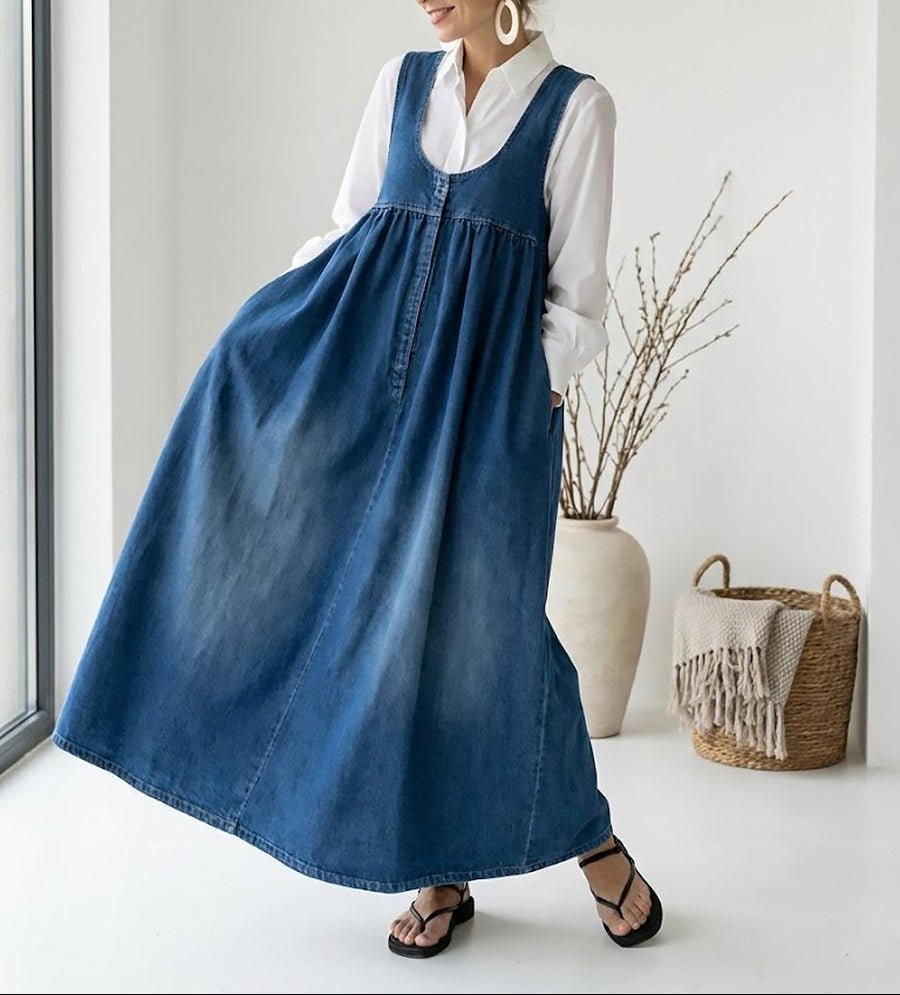 Karen | Vintage Washed Soft Cotton Feel Denim Maxi Dress - MUSSRA