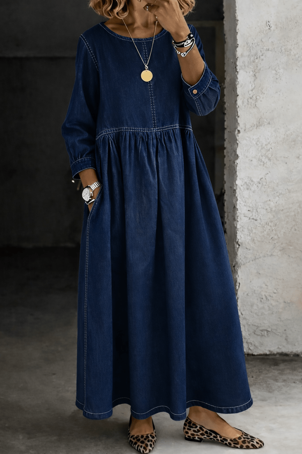 Melissa | Round Neck Long Sleeve Denim Dress - MUSSRA