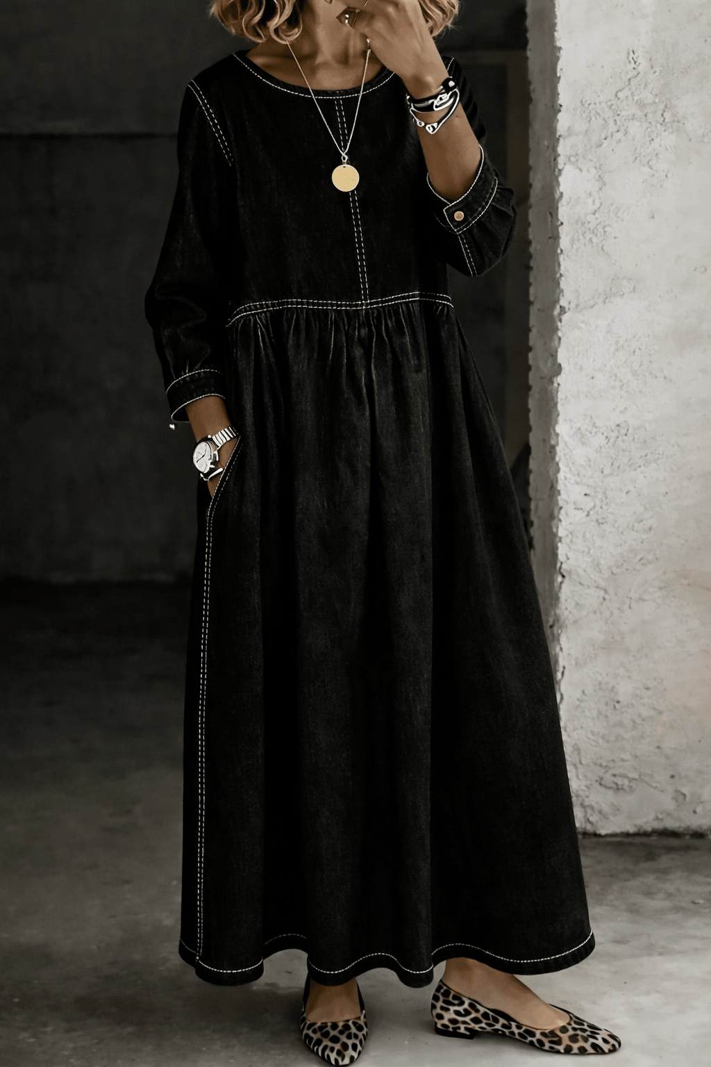 Melissa | Round Neck Long Sleeve Denim Dress - MUSSRA