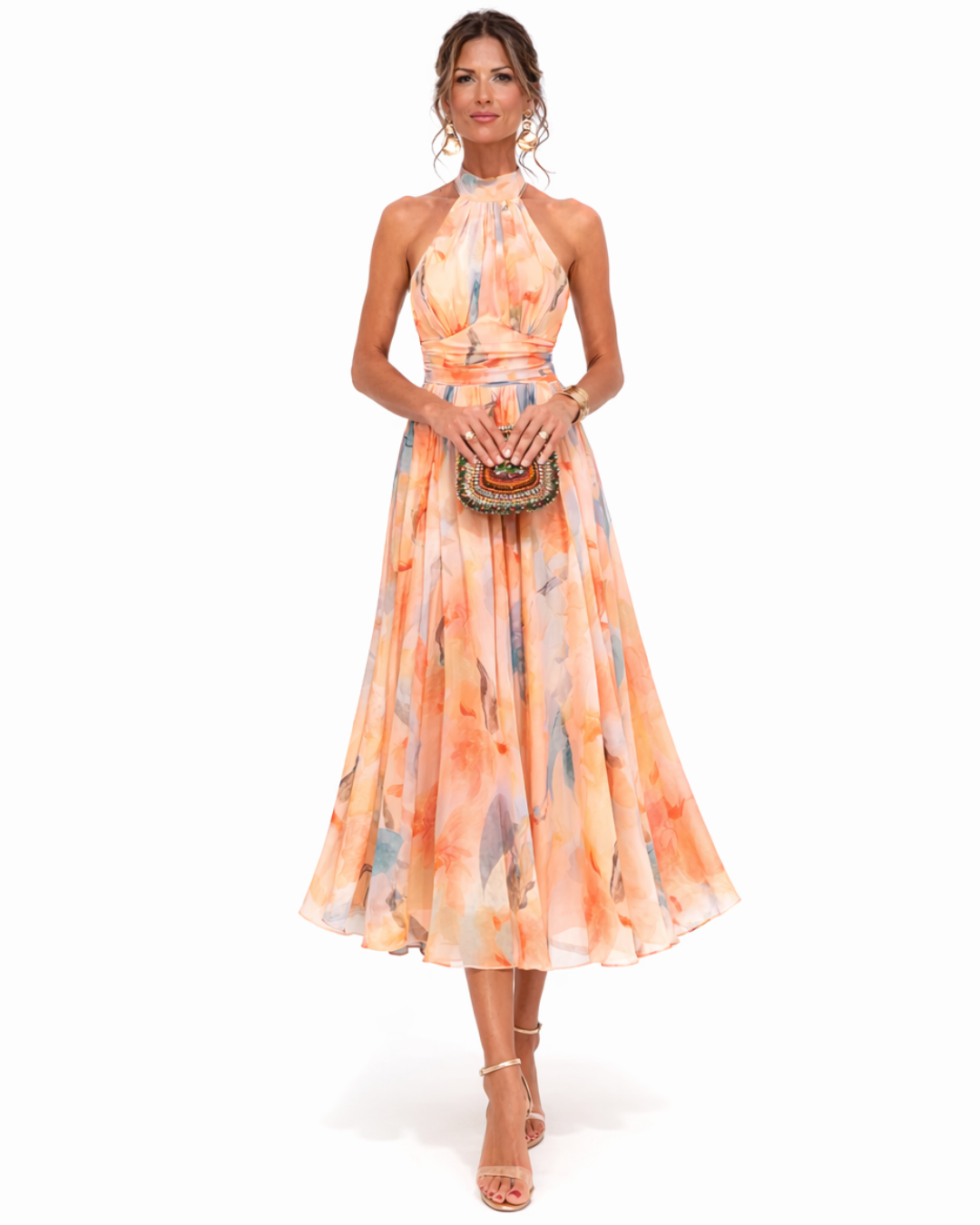 Elara Dress with Halter Neck and Watercolor Print