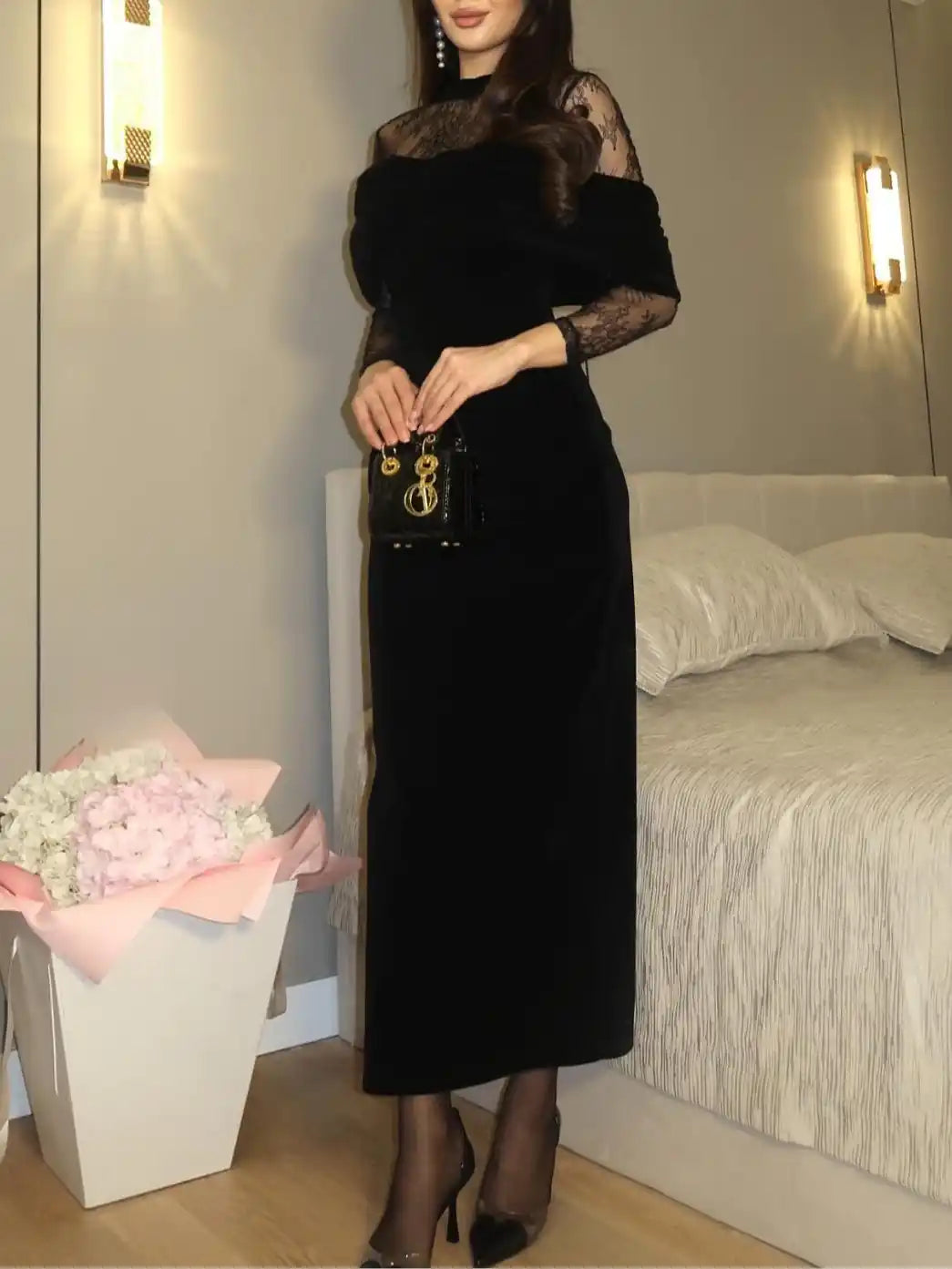 Black Velvet Lace-trimmed Fitted Maxi Dress