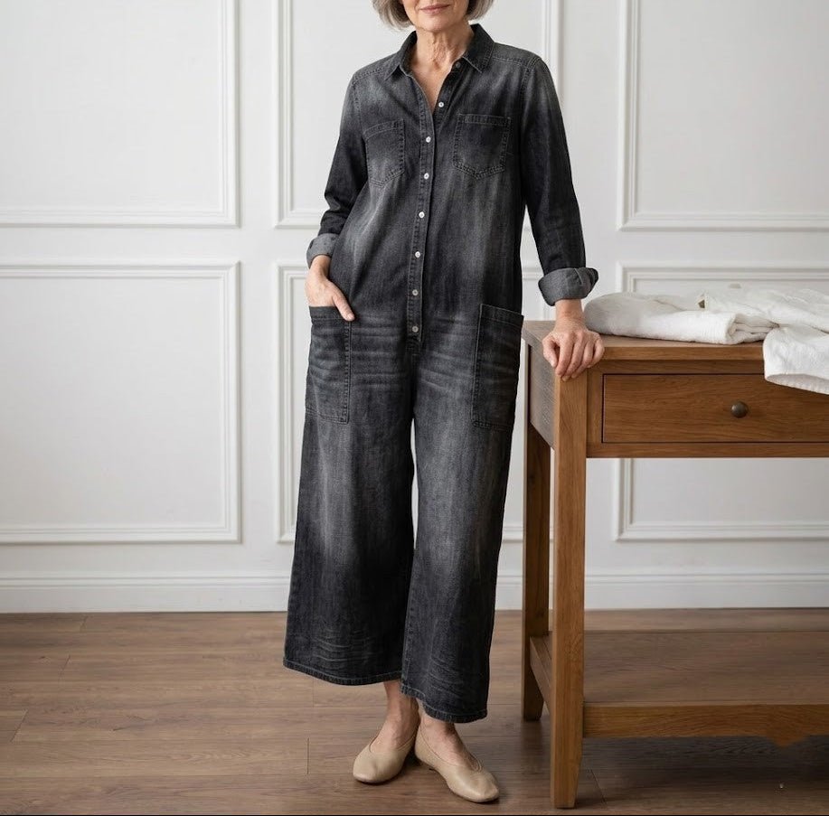 Diana | Vintage Washed Soft Cotton Denim Jumpsuit with Button Closure - MUSSRA