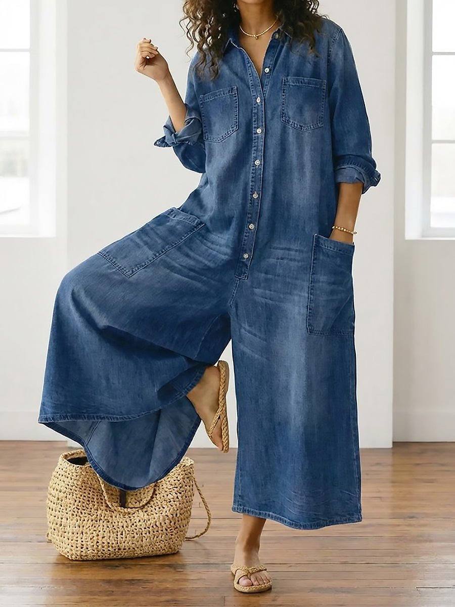 Diana | Vintage Washed Soft Cotton Denim Jumpsuit with Button Closure - MUSSRA