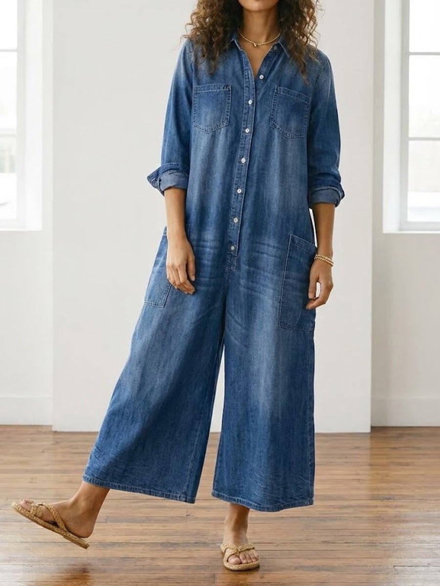 Diana | Vintage Washed Soft Cotton Denim Jumpsuit with Button Closure - MUSSRA