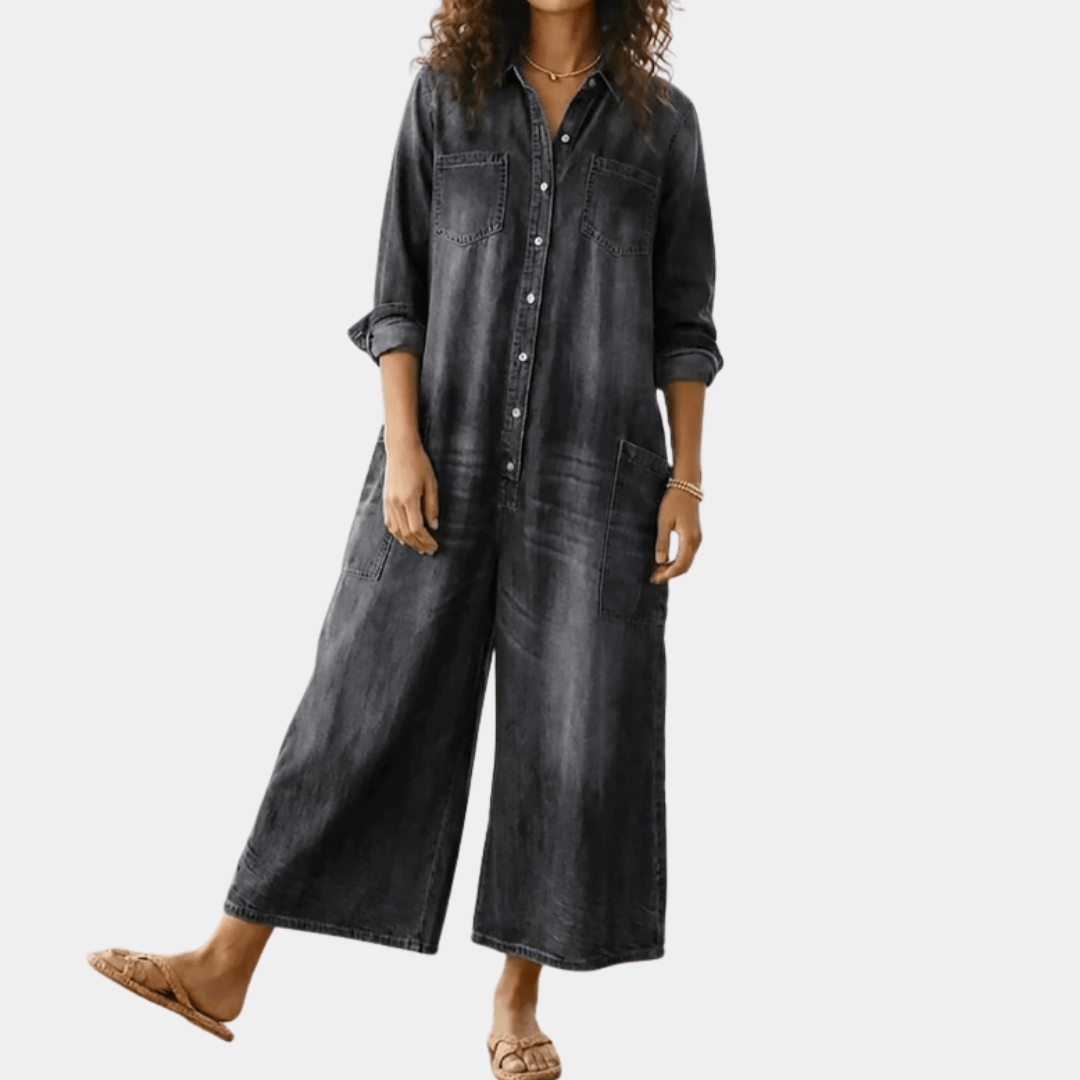 Diana | Vintage Washed Soft Cotton Denim Jumpsuit with Button Closure - MUSSRA