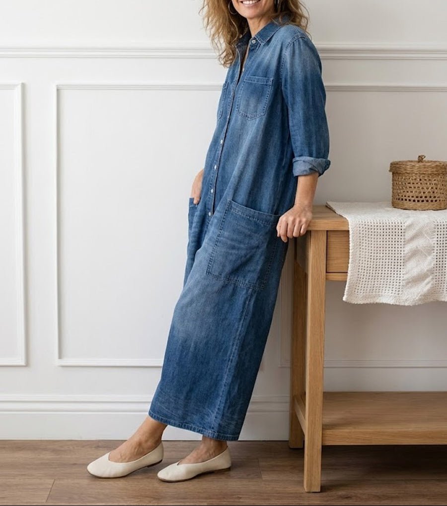 Diana | Vintage Washed Soft Cotton Denim Jumpsuit with Button Closure - MUSSRA