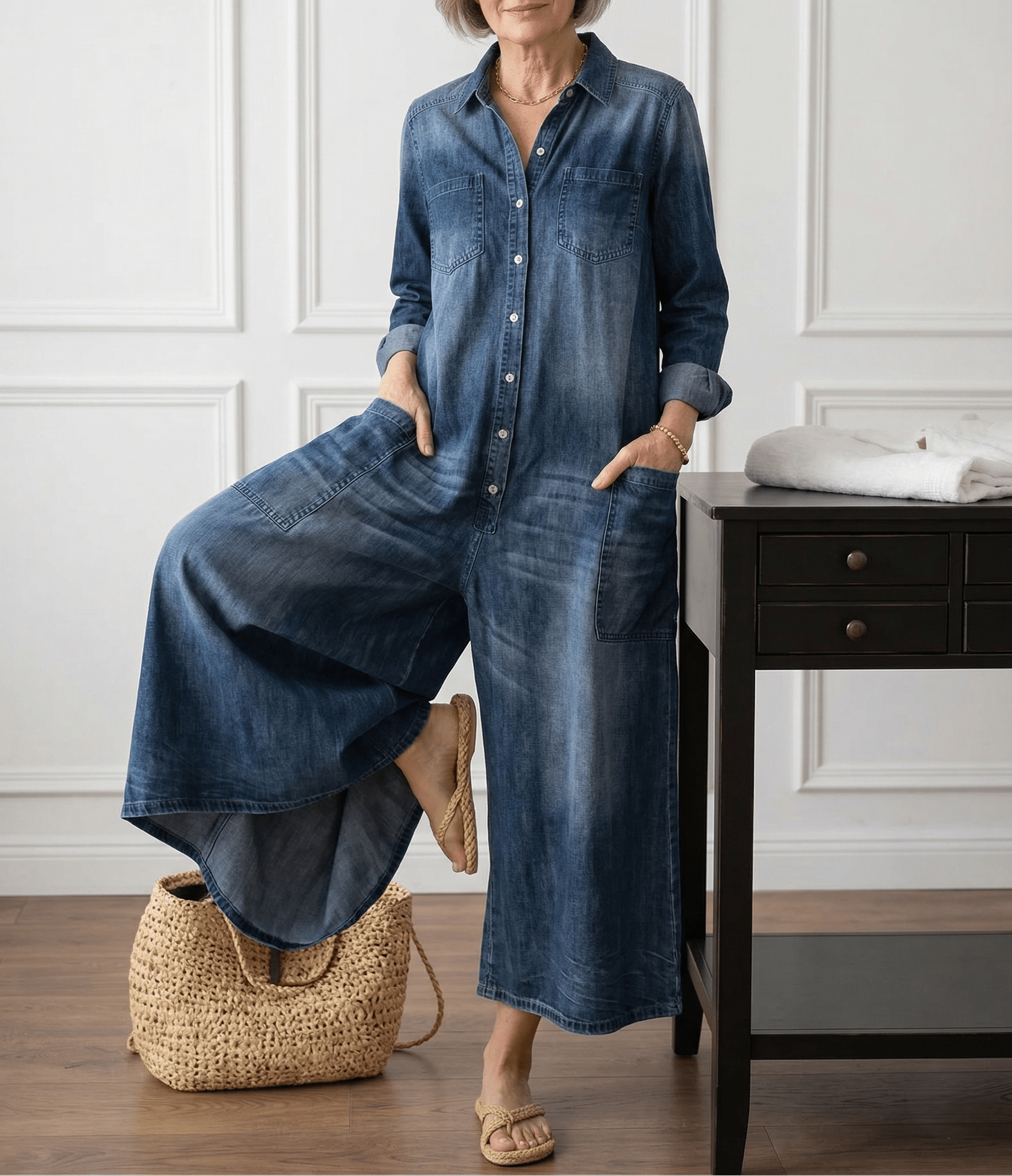 Diana | Vintage Washed Soft Cotton Denim Jumpsuit with Button Closure - MUSSRA