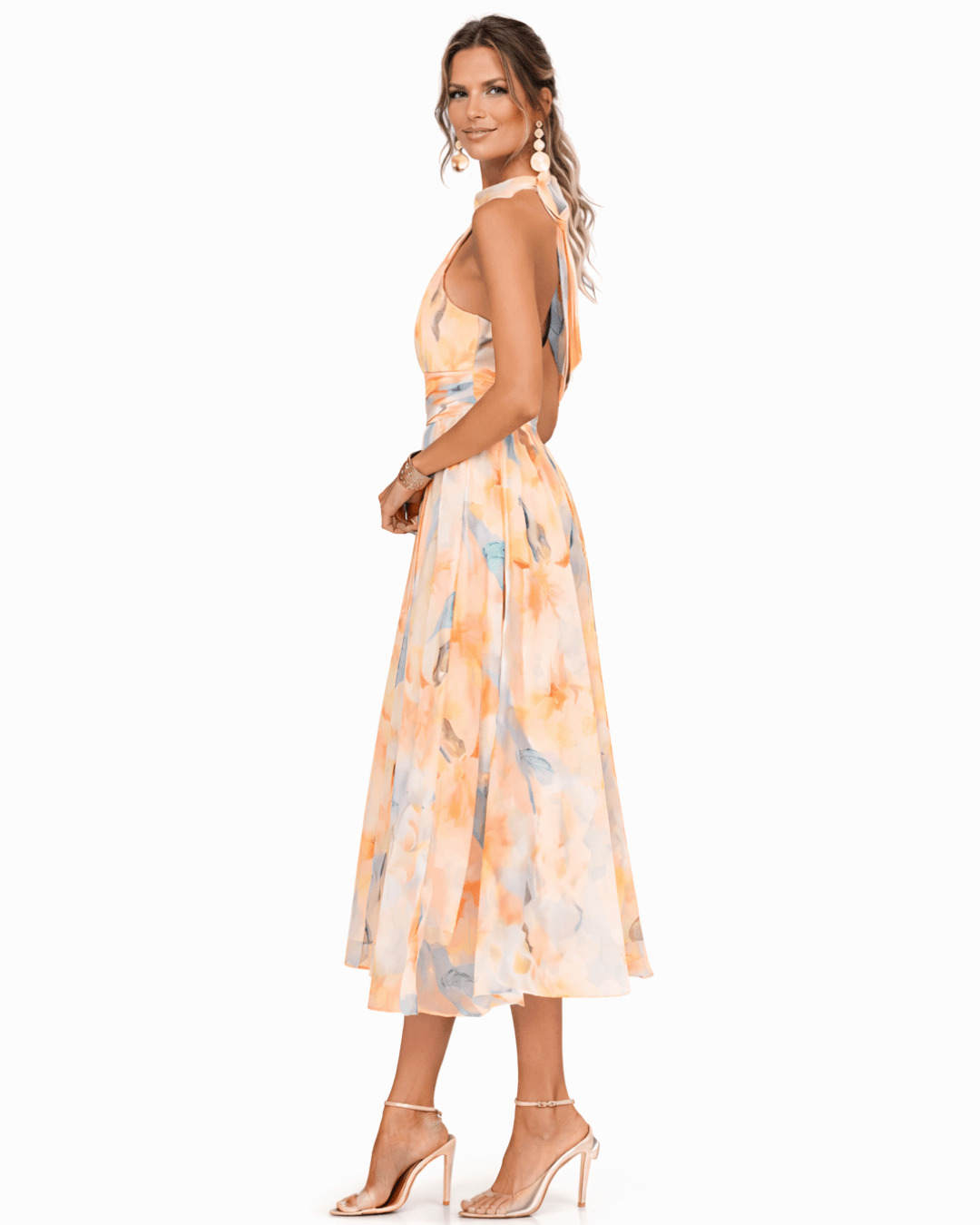 Elara Dress with Halter Neck and Watercolor Print - MUSSRA