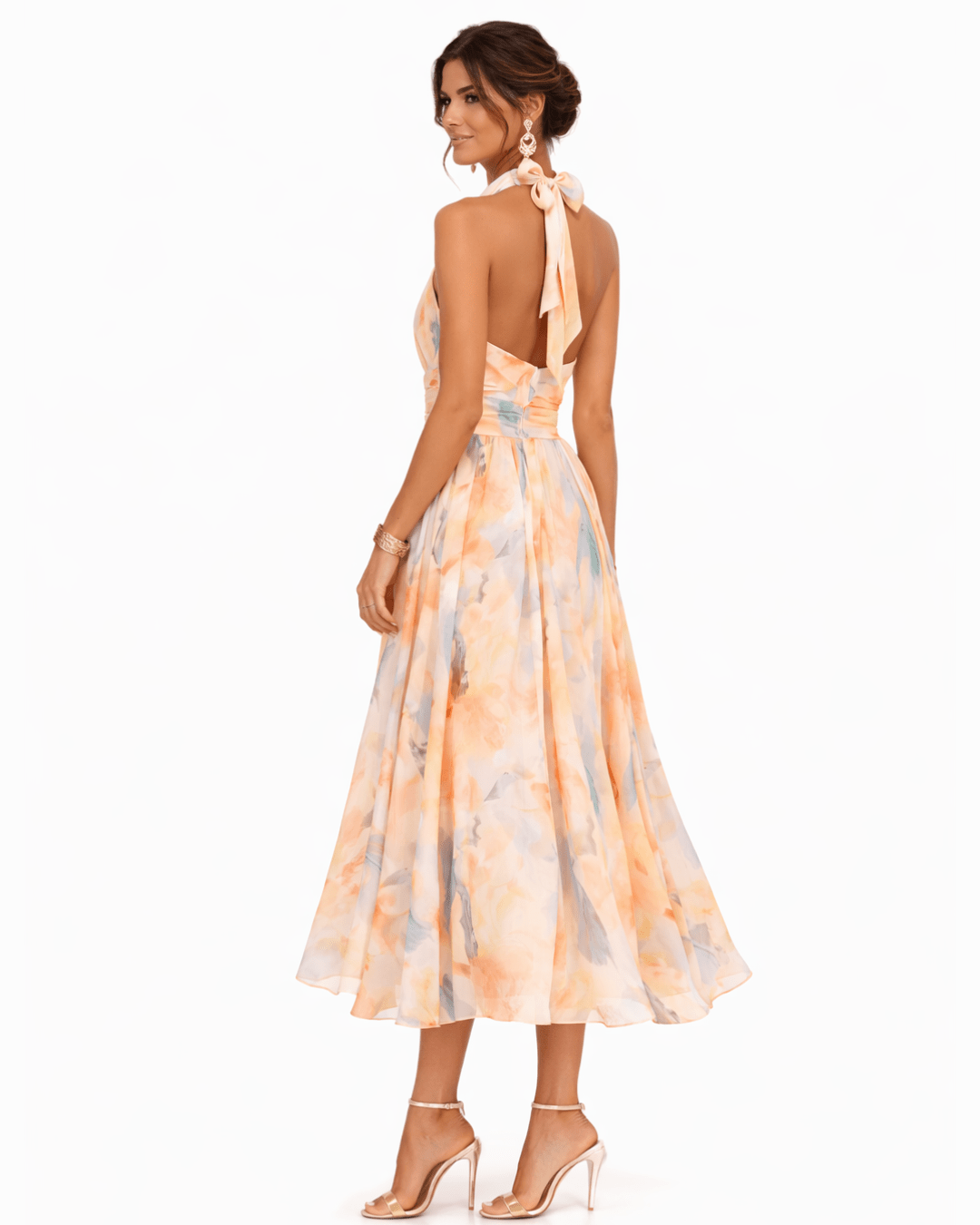 Elara Dress with Halter Neck and Watercolor Print - MUSSRA