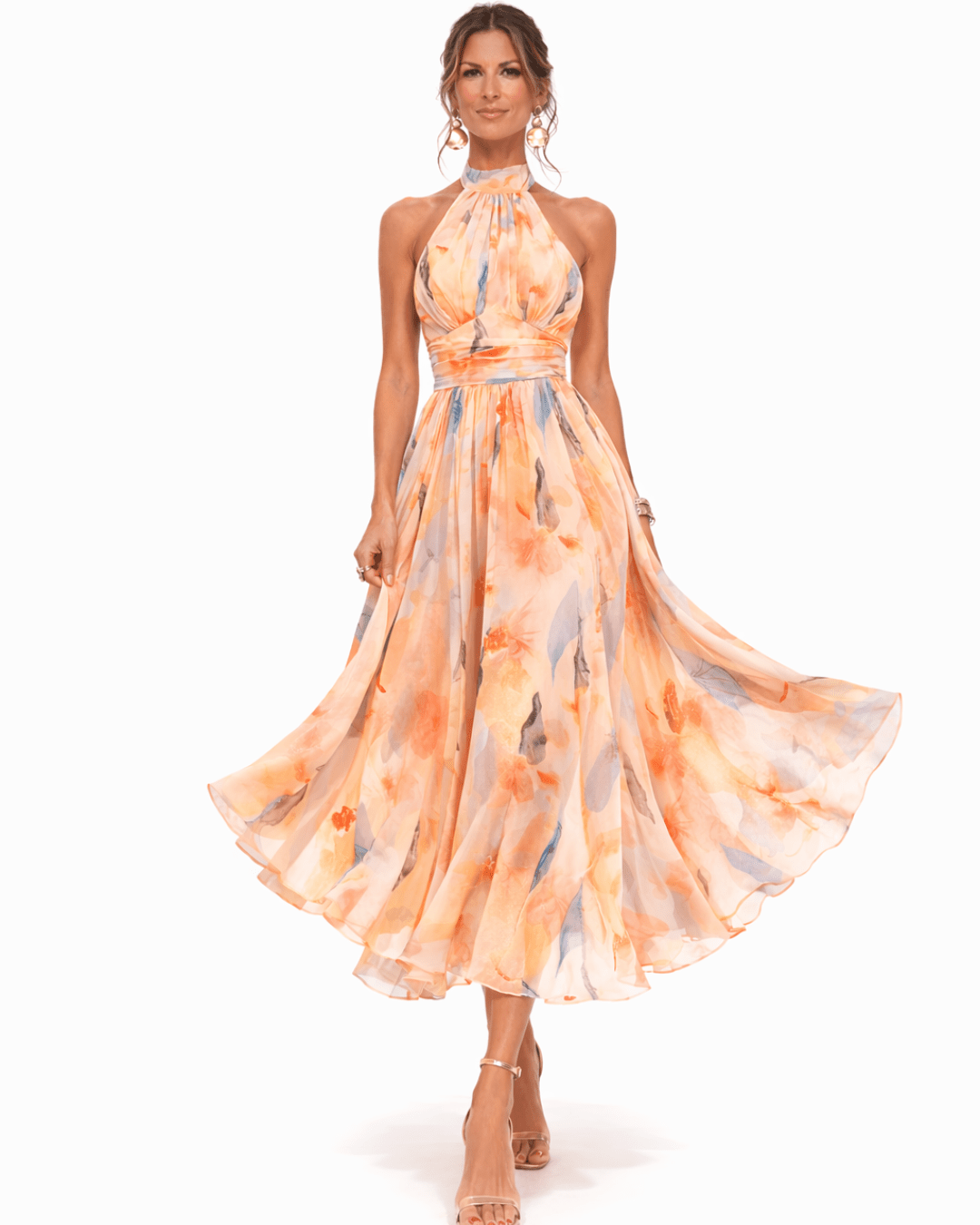 Elara Dress with Halter Neck and Watercolor Print - MUSSRA