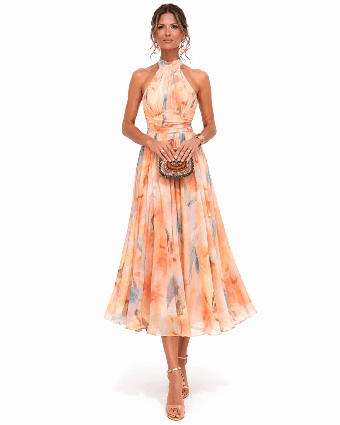 Elara Dress with Halter Neck and Watercolor Print - MUSSRA