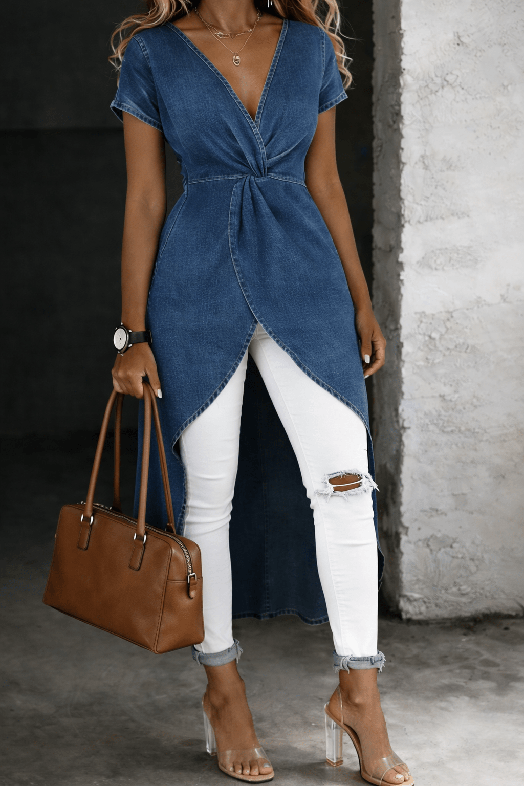 Jessica | V Neck Wrap Denim Tunic Top - MUSSRA