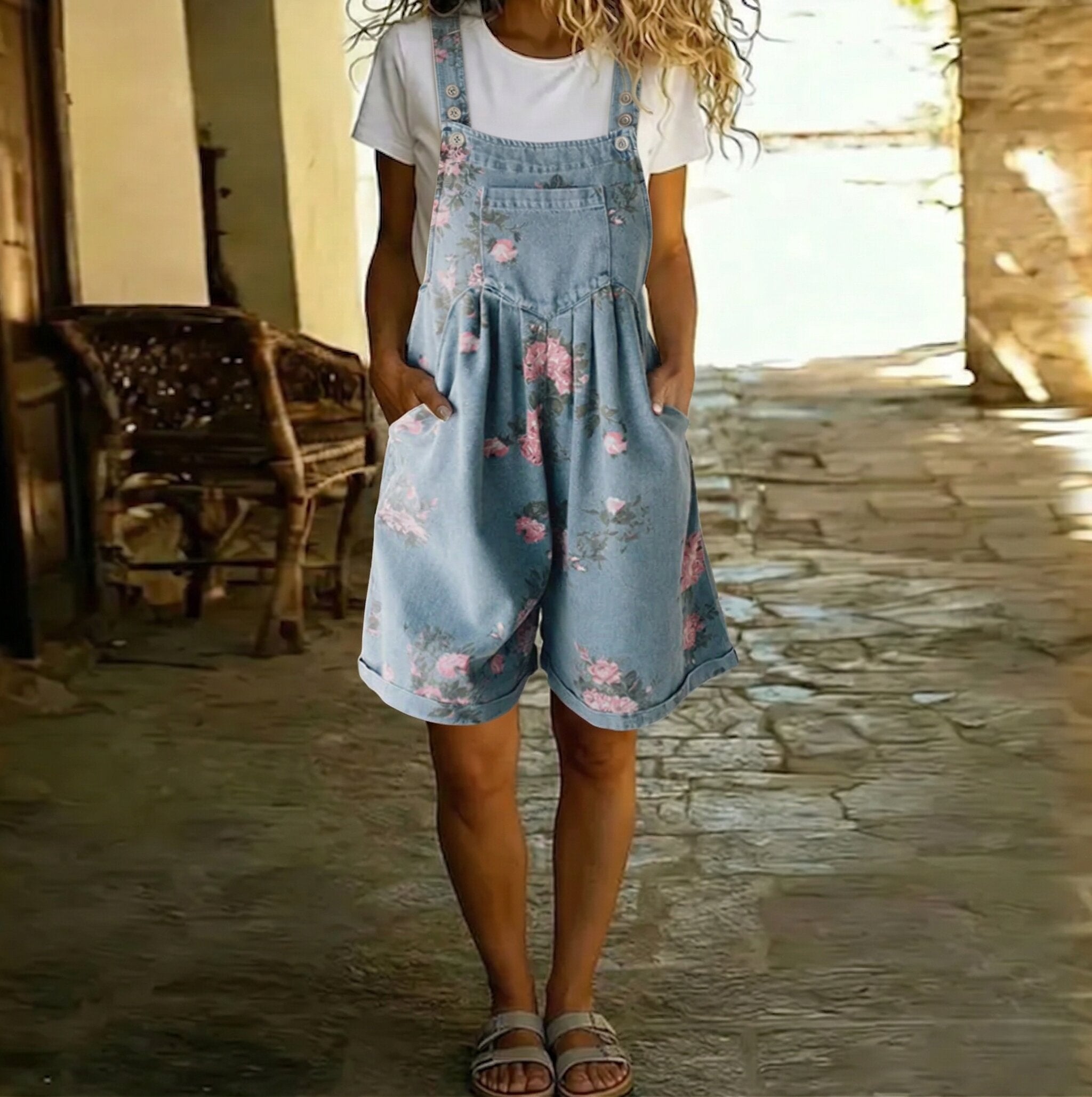 Judy | Vintage Washed Soft Cotton Feel Denim Floral Jumpsuit - MUSSRA