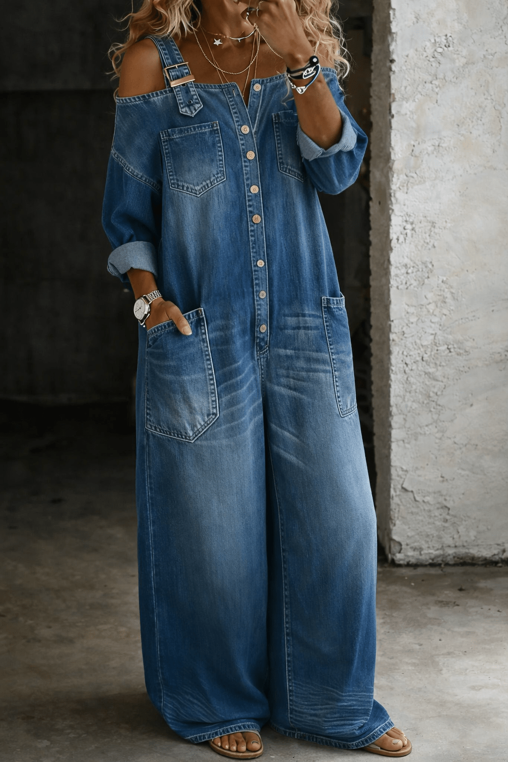 Sophia | Off Shoulder Denim Jumpsuit - MUSSRA
