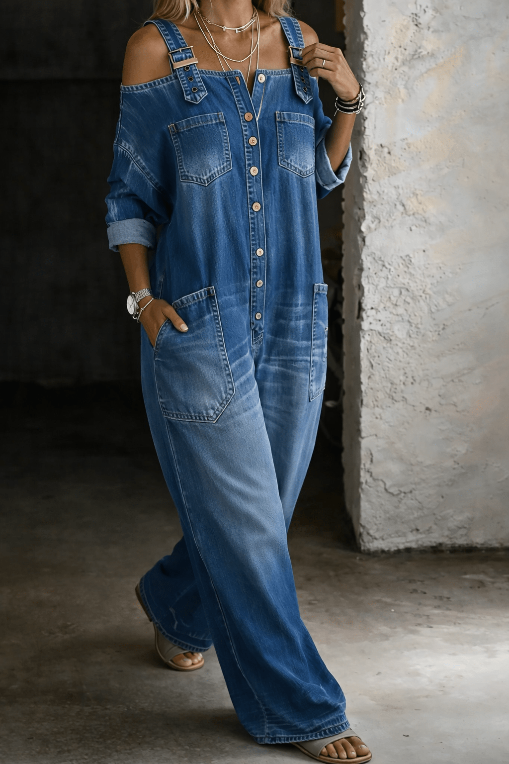 Sophia | Off Shoulder Denim Jumpsuit - MUSSRA